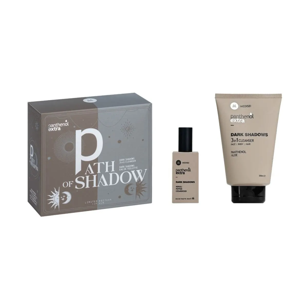 medesei path of shadow Medisei Panthenol Extra Path of Shadow Dark Shadows 3 in 1 Cleanser 200 ml + Dark Shadows Eau De Toilette 50 ml - Image 1